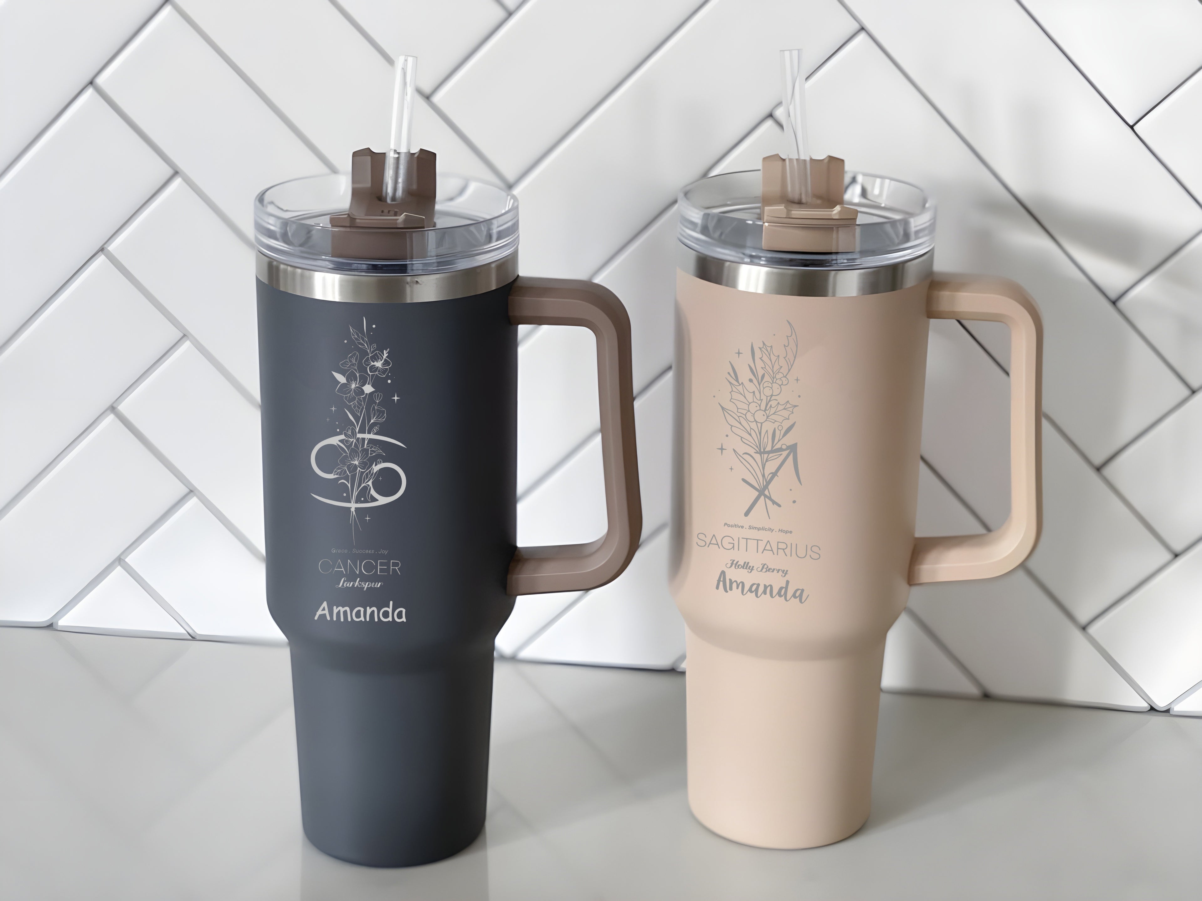 Personalized 40oz Tumbler with Handle, Zodiac Sign Birth Flower Tumbler, Custom Name Astrology Cup, Horoscope Floral Gift for Her