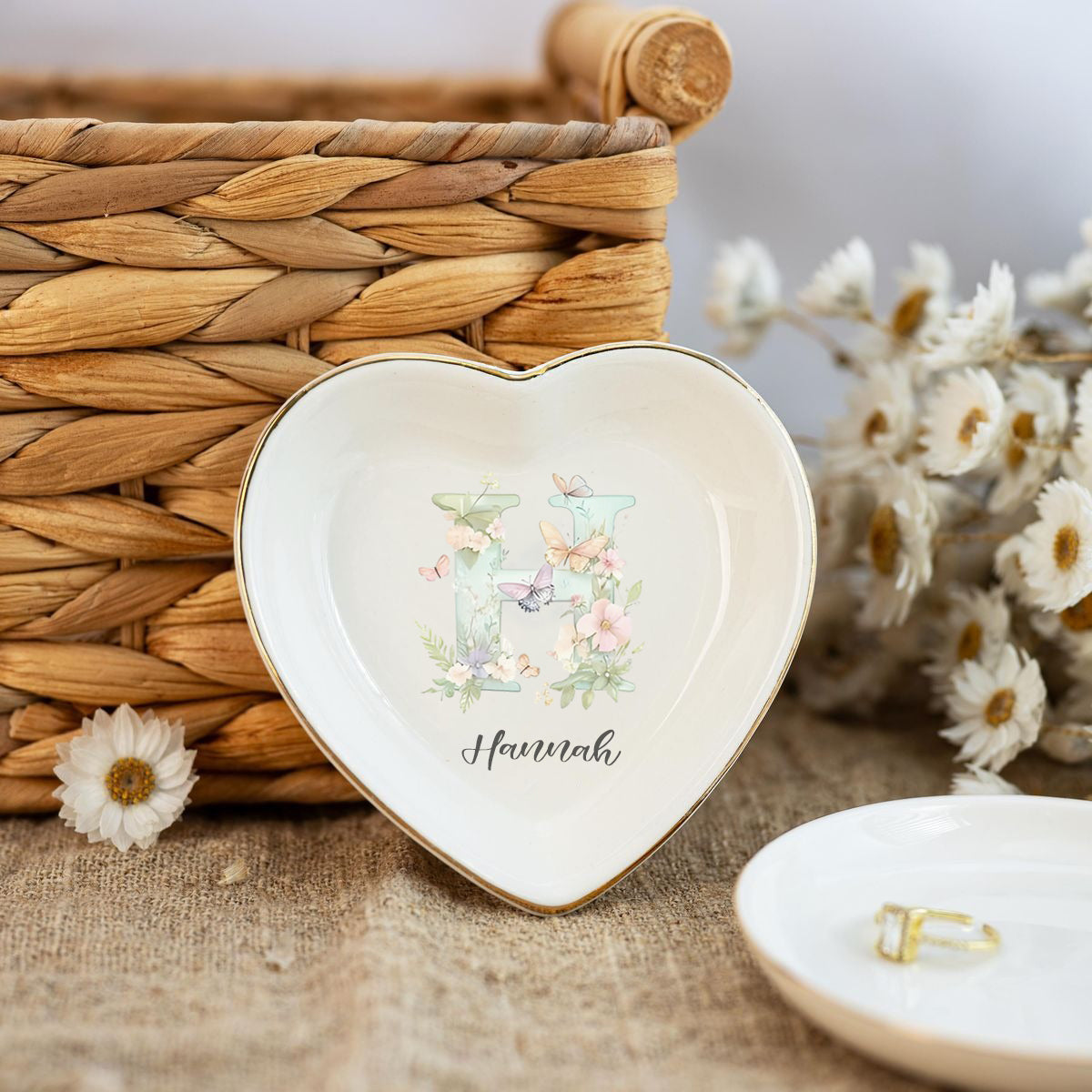 Personalized Ceramic Jewelry Dish, Custom Name Flower Alphabet Ring Dish, Trinket Plate, Bridesmaid Gift, Wedding Gift for Her