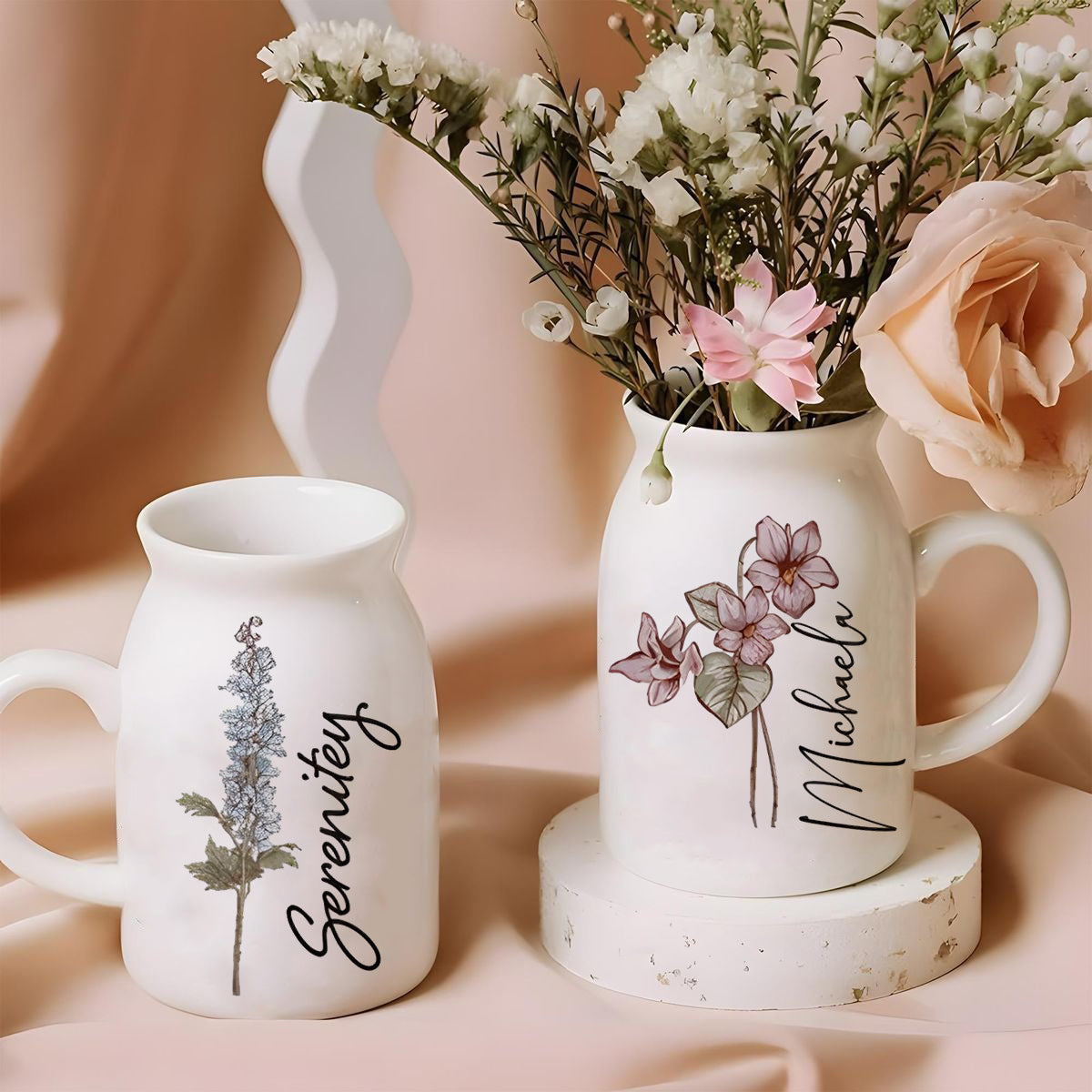 Personalized Birth Flower Ceramic Vase, Custom Name Flower Pot, Floral Monthly Bloom Vase, Unique Gift for Women & Home Decor