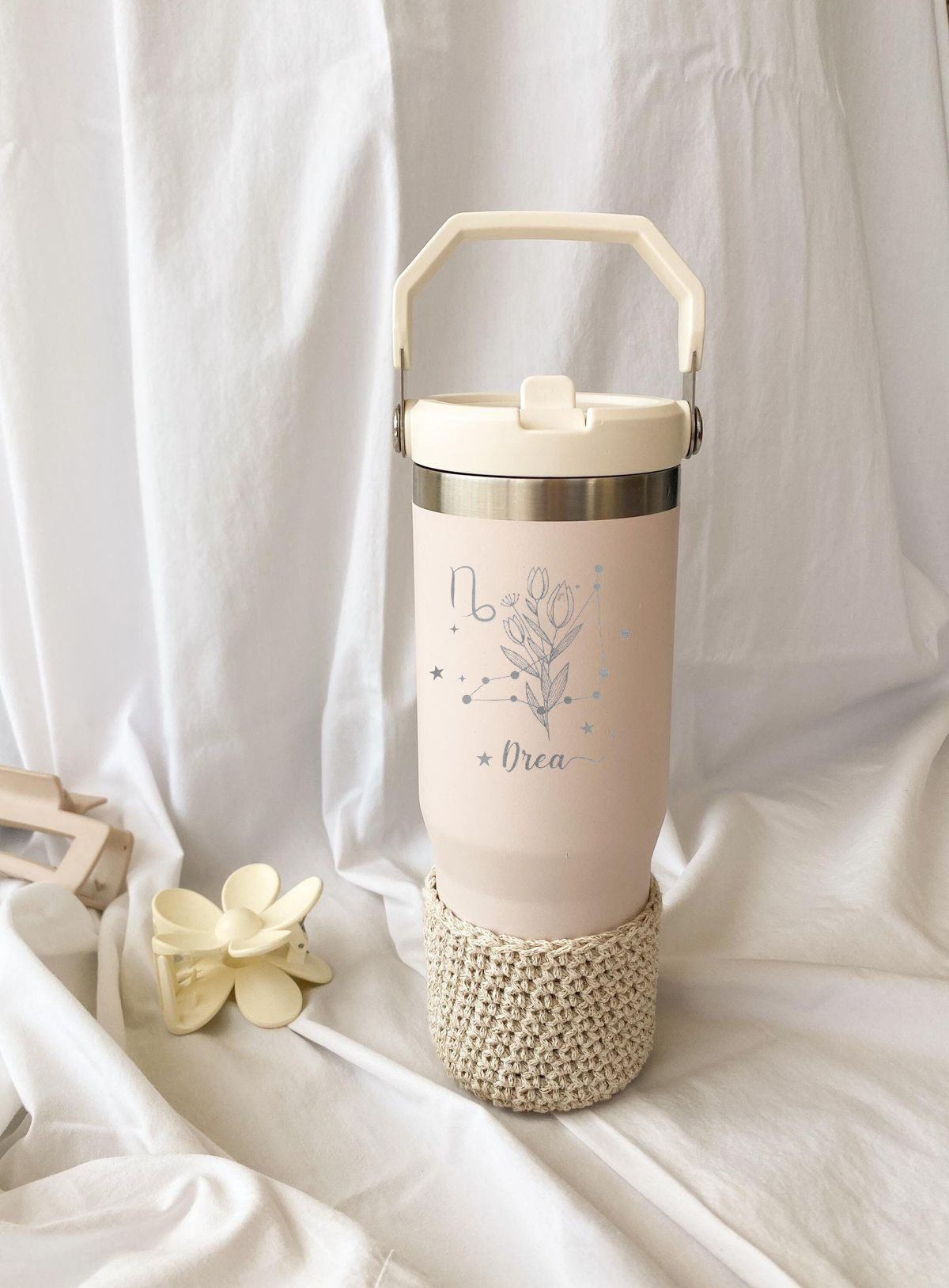Custom Birth Flower Zodiac Tumbler, Personalized 40oz Cup with Handle and Straw, Astrology Horoscope Floral Mug, Unique Birthday Gift for Women