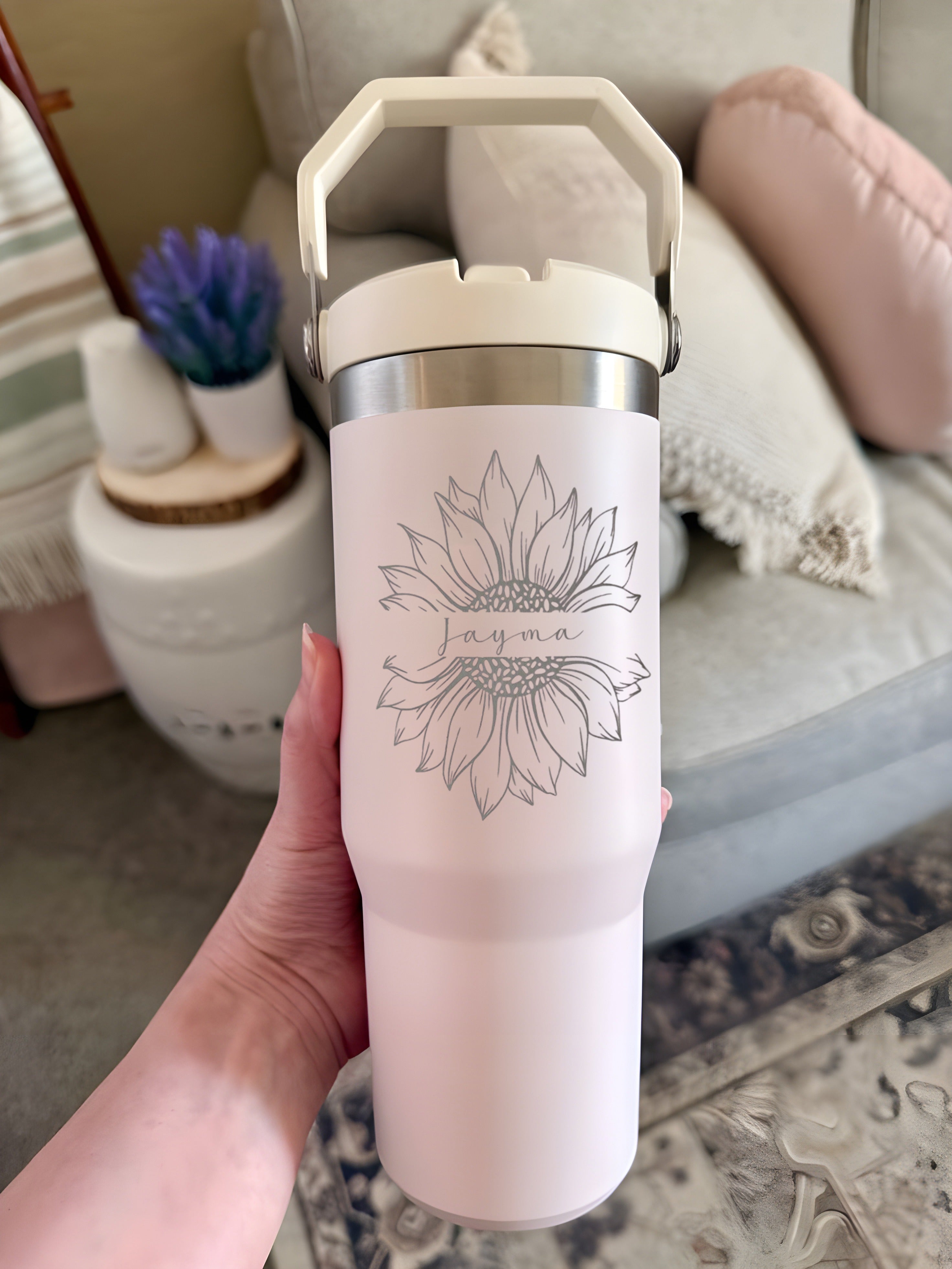 Personalized FLTP Tumbler with Straw, Custom Sunflower Engraved Travel Mug, 40oz Stainless Steel Insulated Cup with Handle