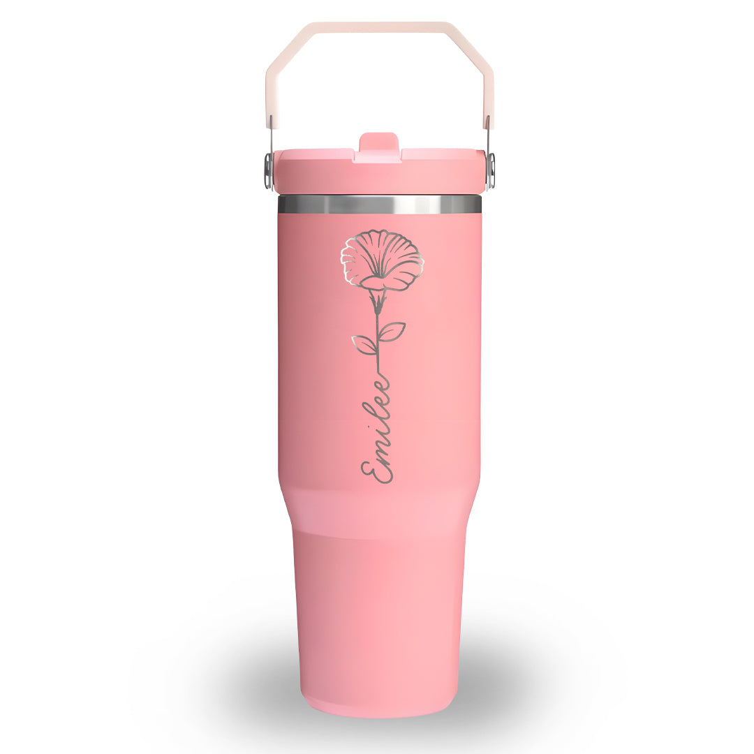 Personalized Birth Flower Flip Straw Tumbler with Handle, Custom Name 40oz Cup, Monthly Bloom Floral Engraved Mug, Birthday Gift for Her