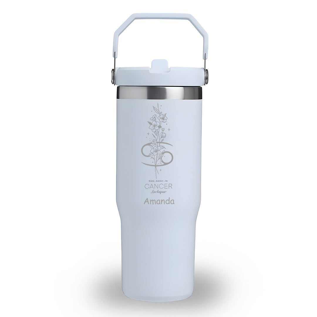 Personalized 40oz Tumbler with Handle, Zodiac Sign Birth Flower Cup, Custom Name Astrology Engraved Mug, Horoscope Floral Gift for Her