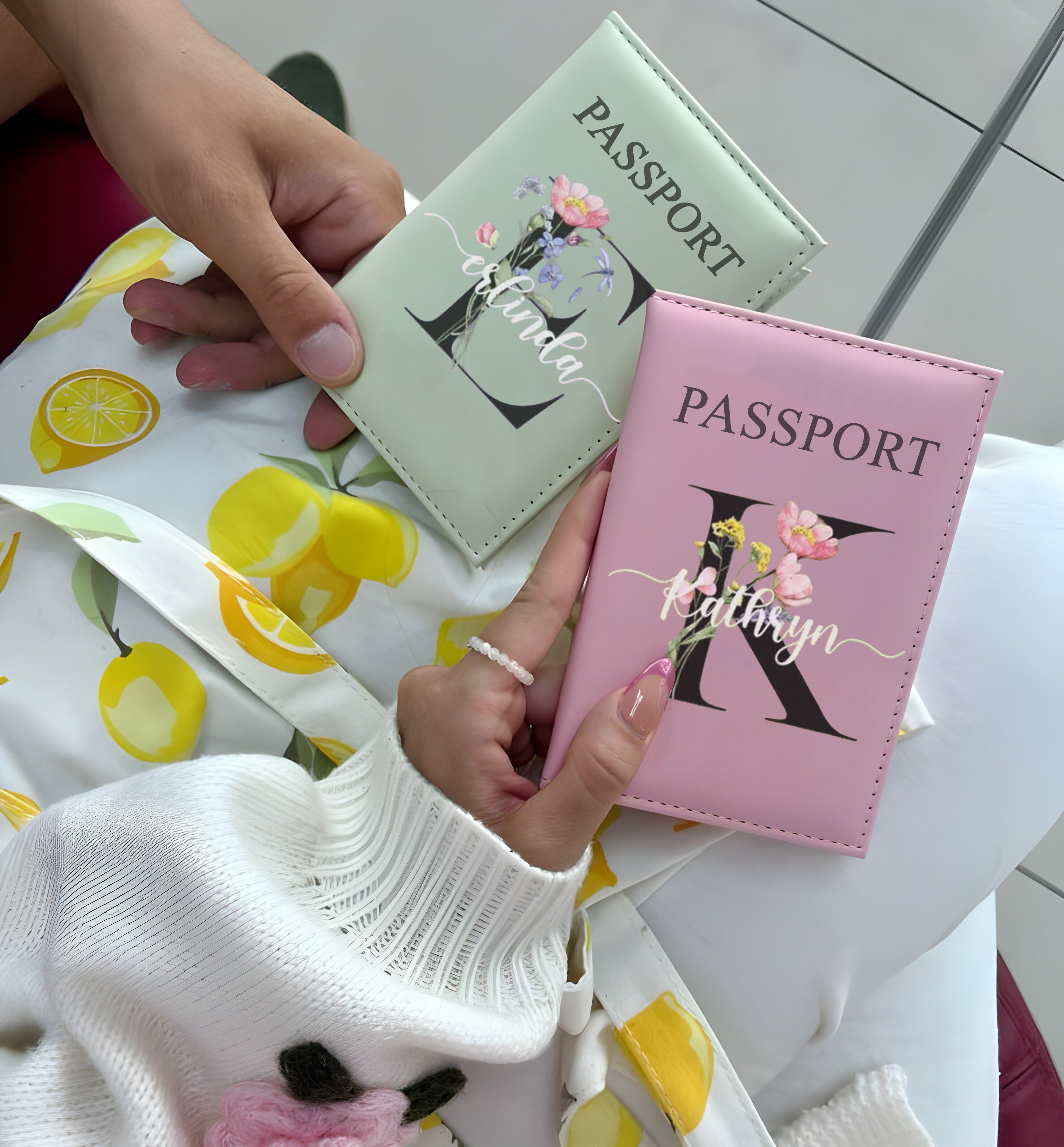 Personalized Leather Passport Cover, Custom Name Flower Alphabet Passport Holder, Travel Wallet Gift for Women Travelers