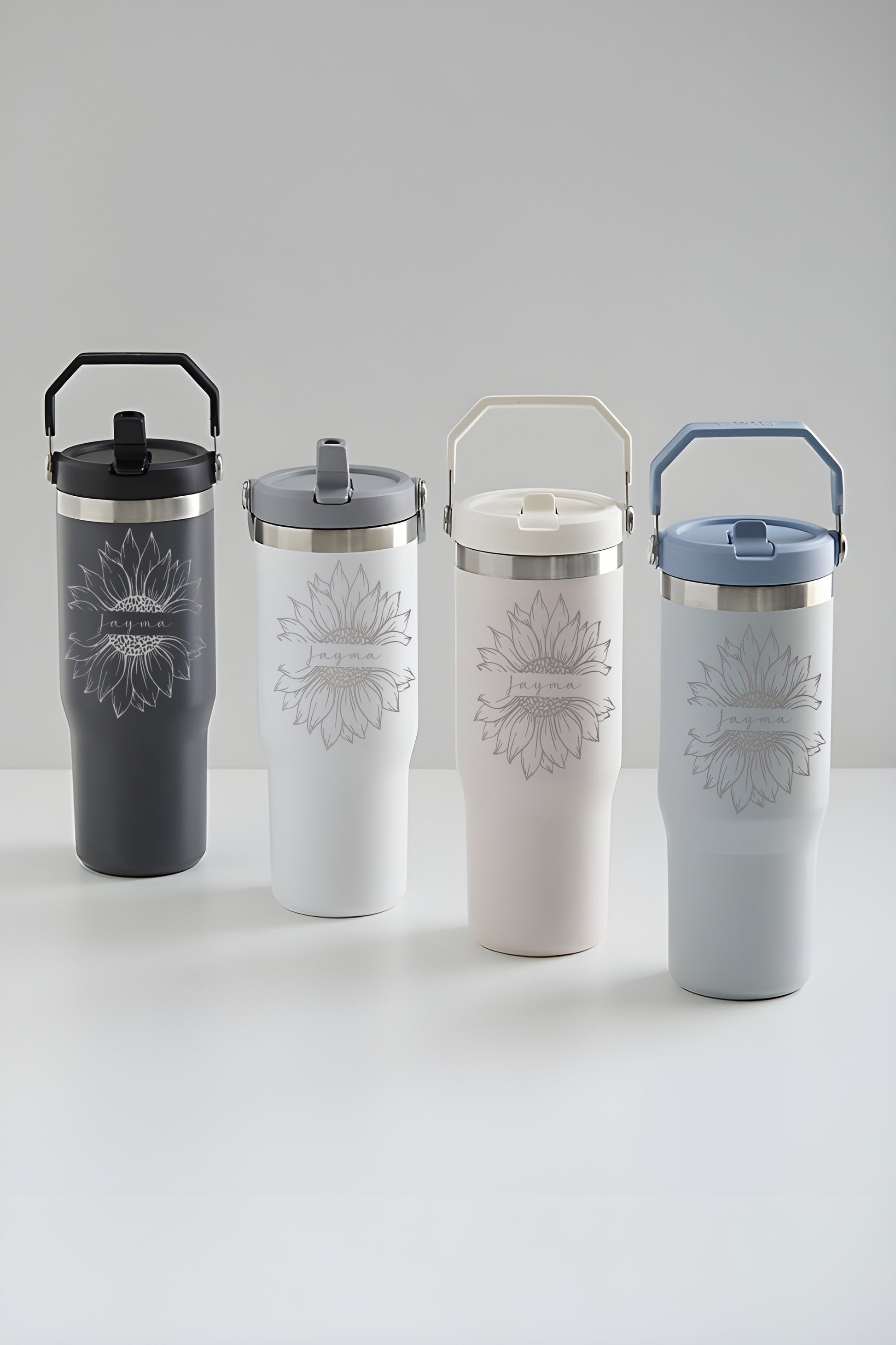 Personalized FLTP Tumbler with Straw, Custom Sunflower Engraved Travel Mug, 40oz Stainless Steel Insulated Cup with Handle