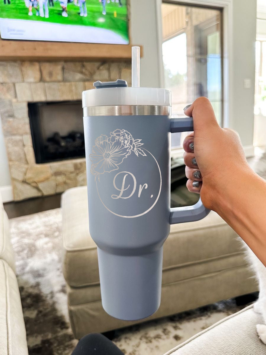 Personalized 40oz Tumbler with Handle, Birth Flower Tumbler with Straw, Custom Name or Title Cup, Monthly Bloom Insulated Mug, Doctor Gift, Birthday Gift, Graduation Gift, Mother’s Day Gift