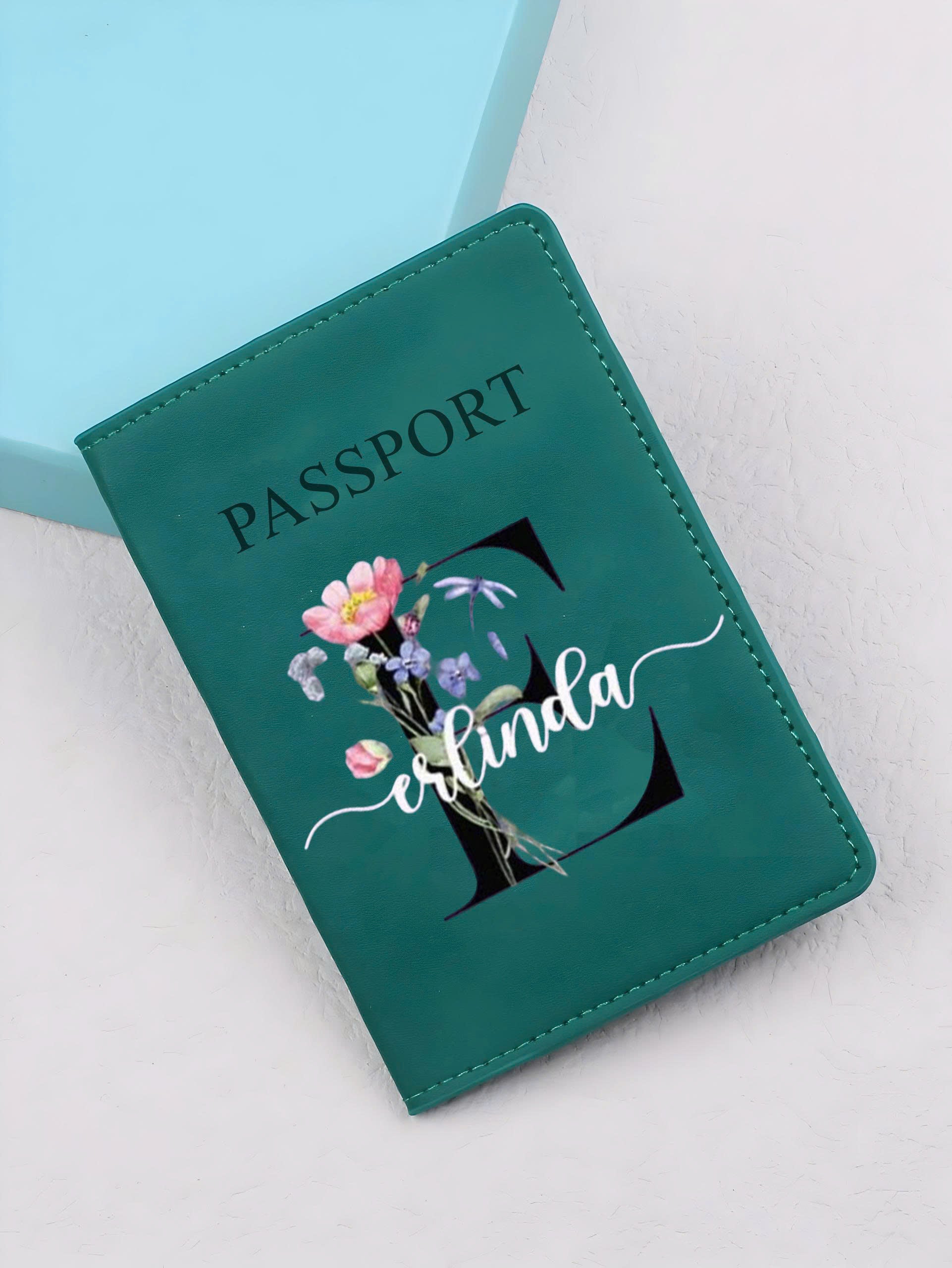 Personalized Leather Passport Cover, Custom Name Flower Alphabet Passport Holder, Travel Wallet Gift for Women Travelers