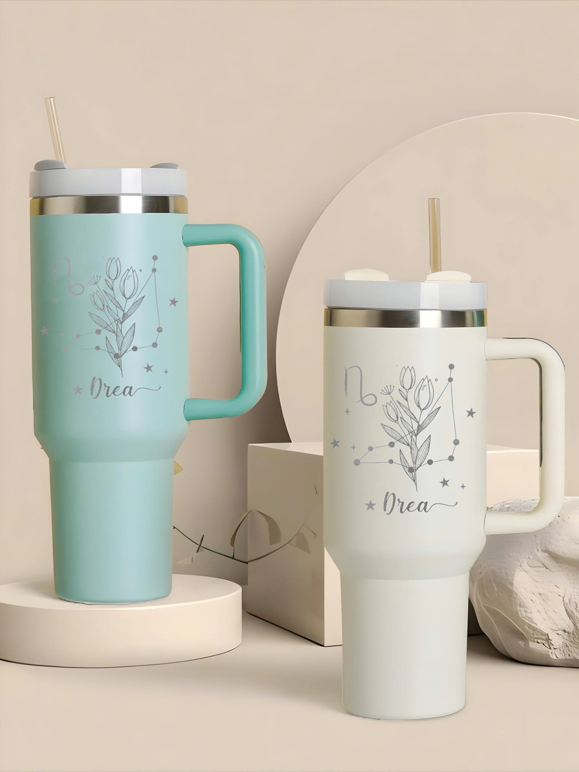 Personalized 40oz Tumbler with Handle, Birth Flower Zodiac Sign Cup, Custom Name Astrology Mug, Gift for Her, Best Friend Gift, Bridesmaid Gift
