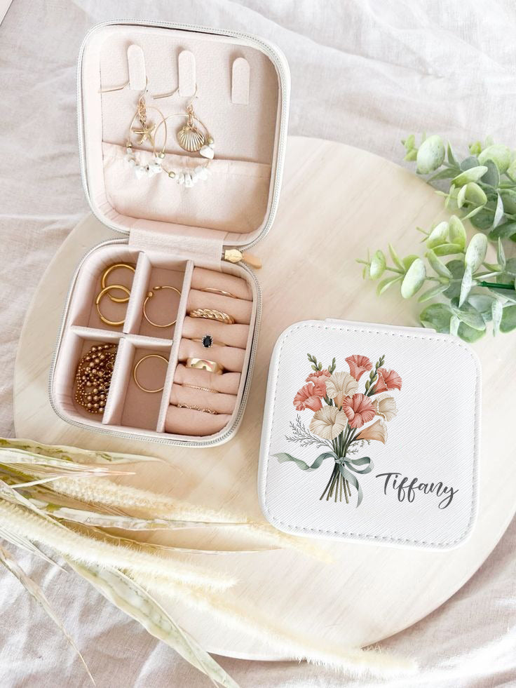 Personalized Birth Flower Jewelry Box, Custom Name Travel Jewelry Case, Floral Monthly Bloom Organizer, Gift for Women, Bridesmaid Gift