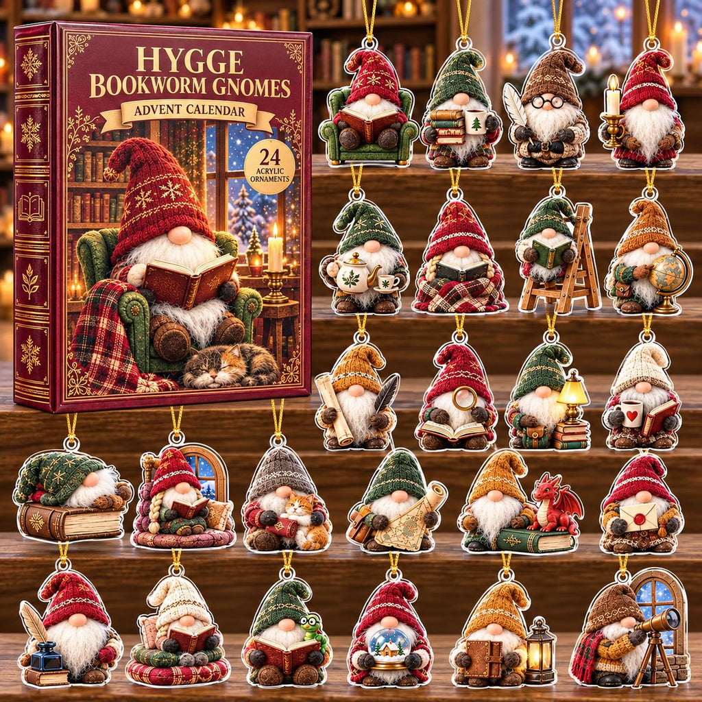 May include: A Hygge Bookworm Gnomes advent calendar box featuring a gnome reading in a chair, accompanied by 24 individual acrylic gnome ornaments. Each ornament depicts a gnome with a beard, hat, and various items like books, globes, or lanterns.
