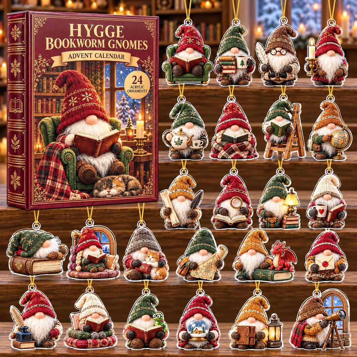 May include: A Hygge Bookworm Gnomes advent calendar box featuring a gnome reading in a chair, accompanied by 24 individual acrylic gnome ornaments. Each ornament depicts a gnome with a beard, hat, and various items like books, globes, or lanterns.