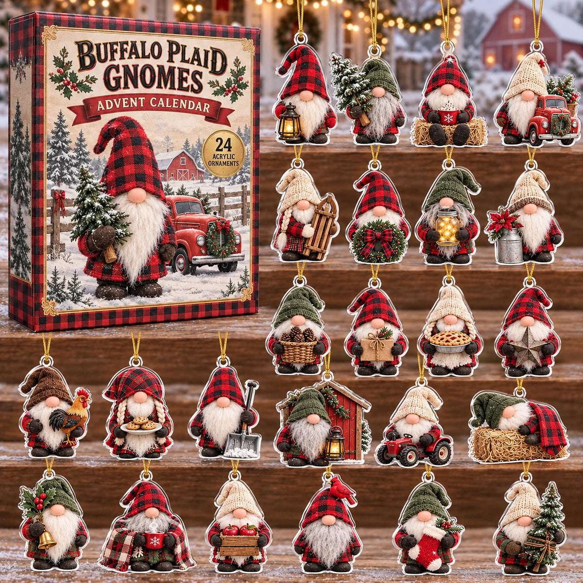 May include: A Buffalo Plaid Gnomes advent calendar box featuring 24 acrylic ornaments. The set includes various gnome figures wearing hats and holding items like lanterns, trees, wreaths, sleds, pies, stars, shovels, and stockings.