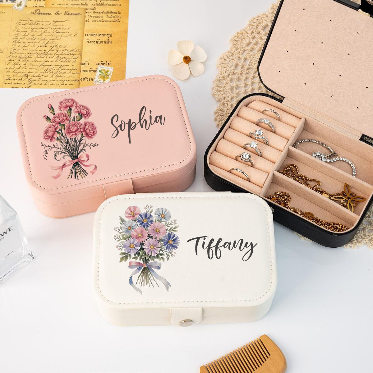 Personalized Birth Flower Jewelry Box, Custom Name Travel Jewelry Case, Floral Monthly Bloom Organizer, Gift for Women, Bridesmaid Gift