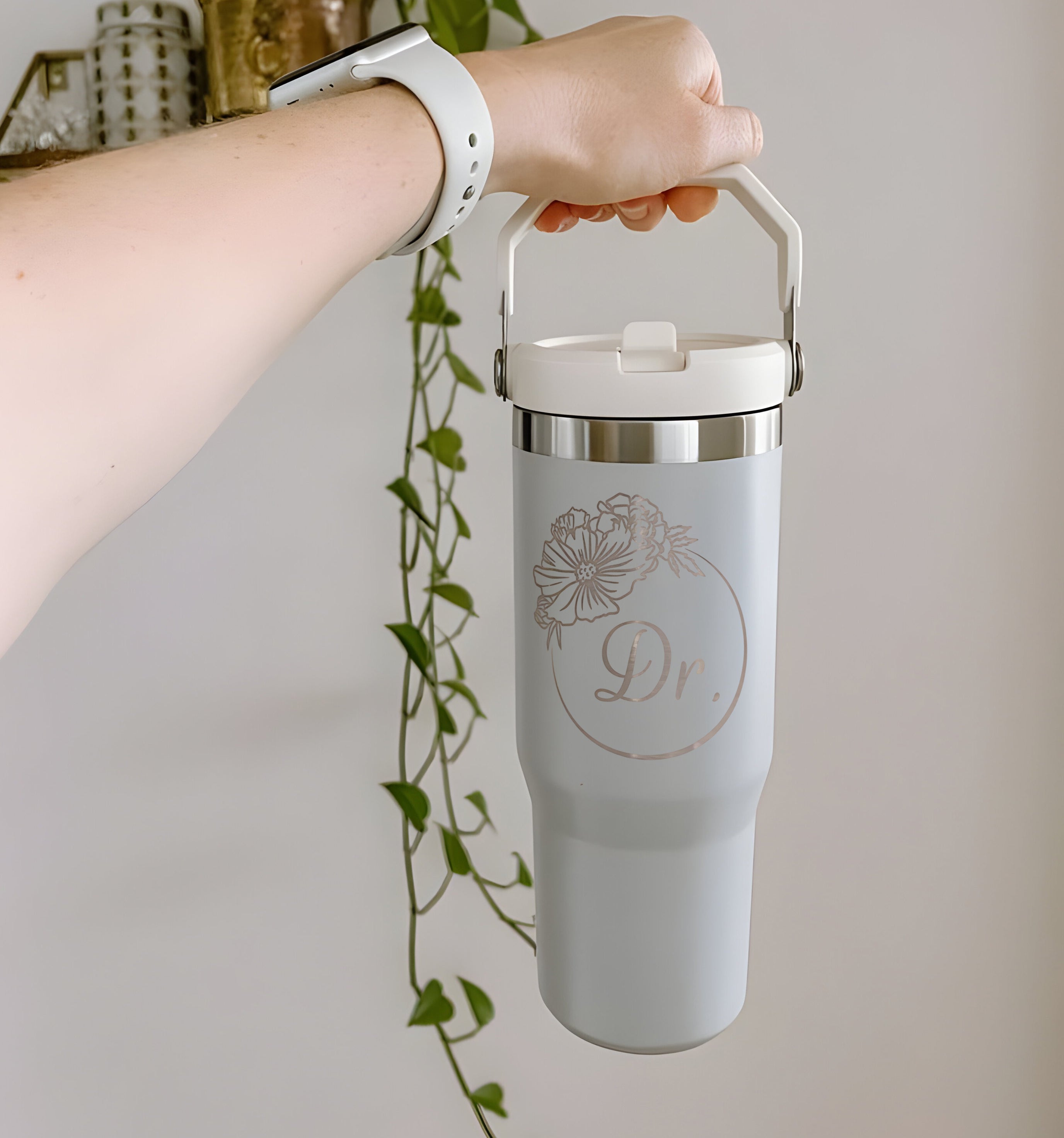 Personalized Birth Flower Flip Straw Tumbler with Handle, Custom Initial or Title 40oz Cup, Monthly Bloom Engraved Mug, Unique Gift for Her
