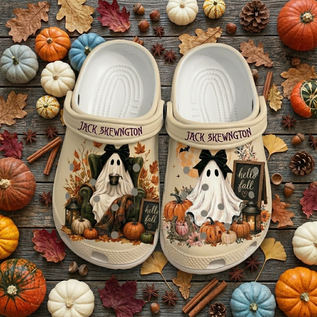 Personalized Hello Fall Ghost Clogs – Cute Halloween Pumpkin Shoes. Happy Halloween Ghost Pumpkin. CLPETAL09