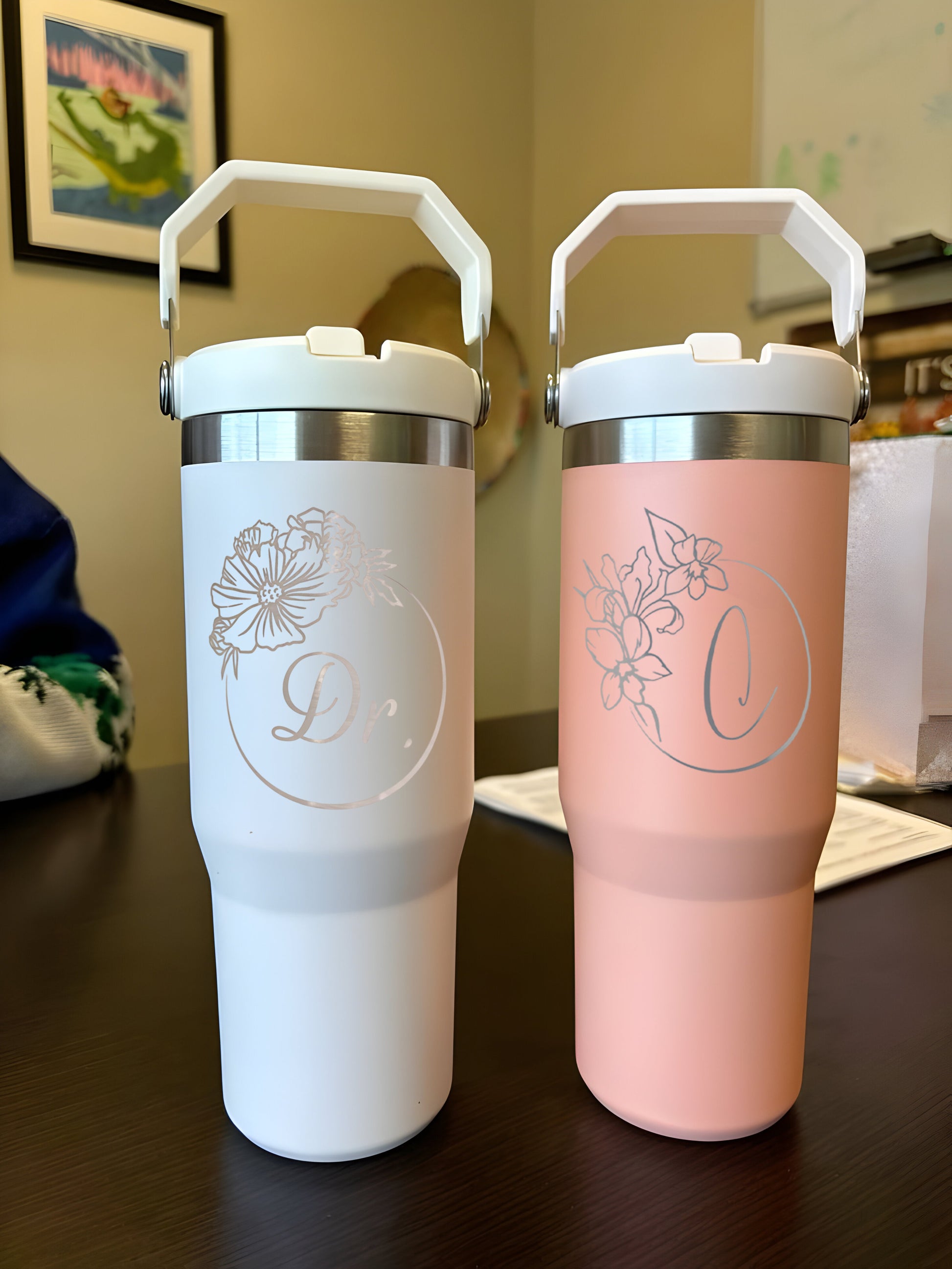 Personalized Birth Flower Flip Straw Tumbler with Handle, Custom Initial or Title 40oz Cup, Monthly Bloom Engraved Mug, Unique Gift for Her