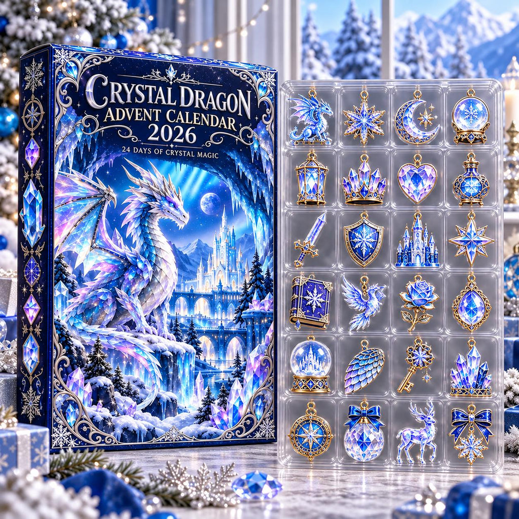 May include: A Crystal Dragon Advent Calendar 2026 box featuring a blue dragon and castle illustration, paired with a clear plastic tray containing 24 individual gold-toned metal ornaments in various shapes including stars, hearts, and animals.