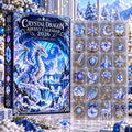 May include: A Crystal Dragon Advent Calendar 2026 box featuring a blue dragon and castle illustration, paired with a clear plastic tray containing 24 individual gold-toned metal ornaments in various shapes including stars, hearts, and animals.