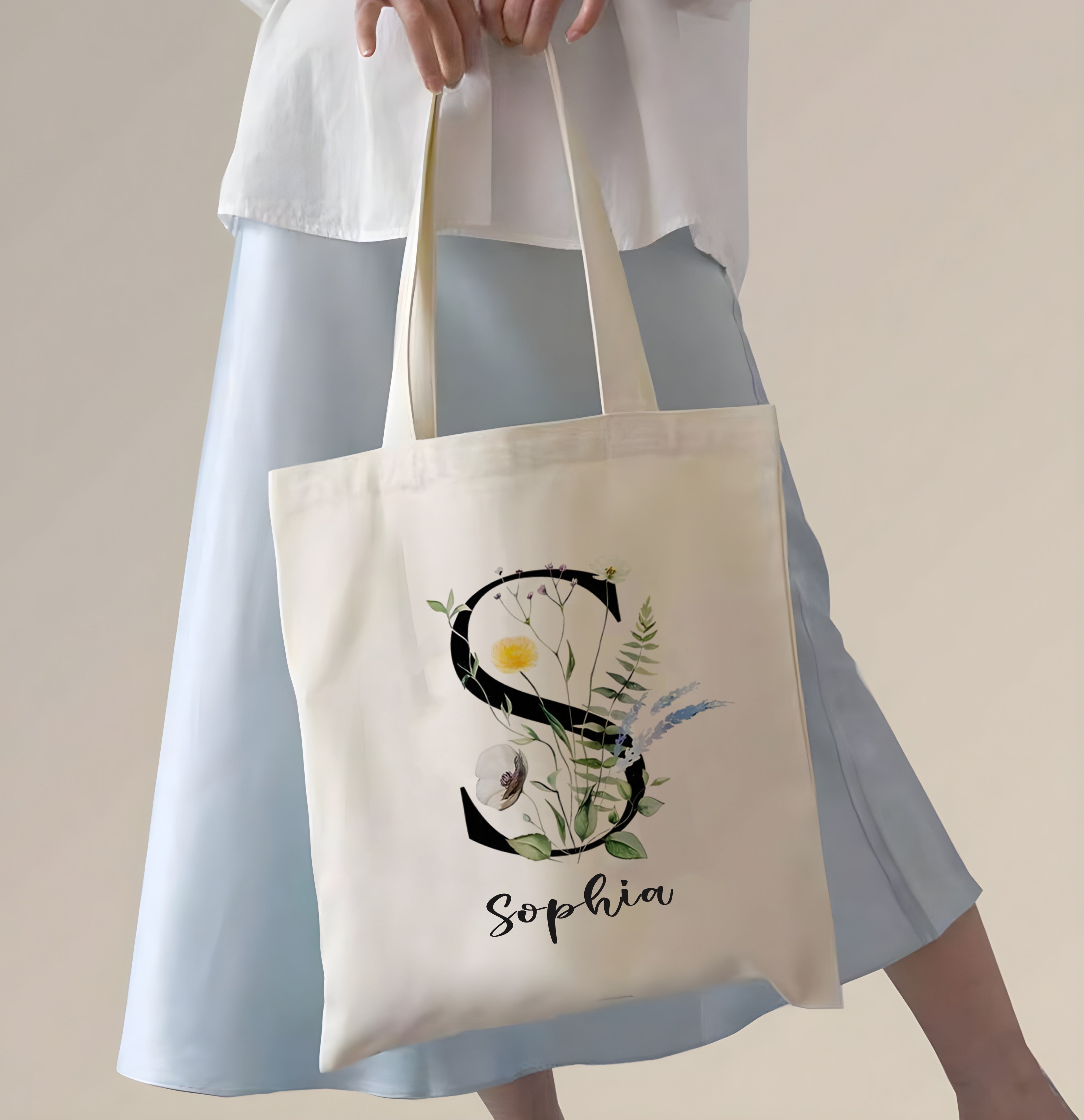 Personalized Flower Alphabet Tote Bag, Custom Initial Canvas Bag with Name, Floral Letter Shopper, Gift for Women, Bridesmaid, Best Friend