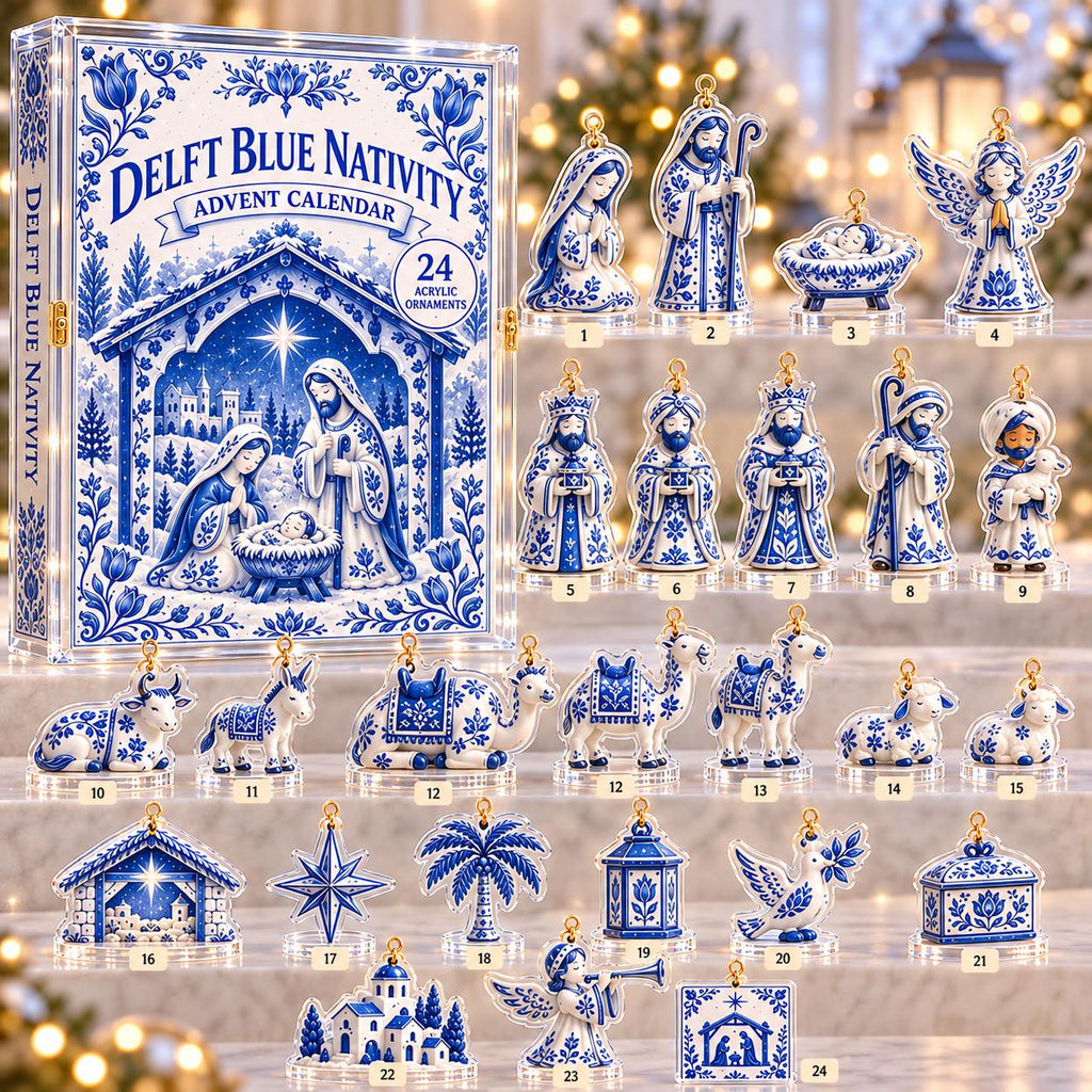 May include: A Delft Blue Nativity advent calendar box featuring 24 acrylic ornaments. The set includes figures of the holy family, wise men, animals, and festive symbols, each decorated with blue and white floral patterns and numbered 1 through 24.