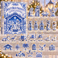 May include: A Delft Blue Nativity advent calendar box featuring 24 acrylic ornaments. The set includes figures of the holy family, wise men, animals, and festive symbols, each decorated with blue and white floral patterns and numbered 1 through 24.
