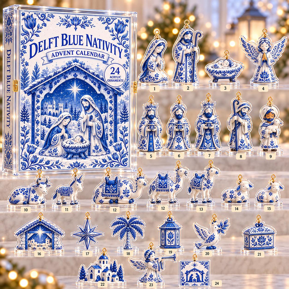 May include: A Delft Blue Nativity advent calendar box featuring 24 acrylic ornaments. The set includes figures of the holy family, wise men, animals, and festive symbols, each decorated with blue and white floral patterns and numbered 1 through 24.