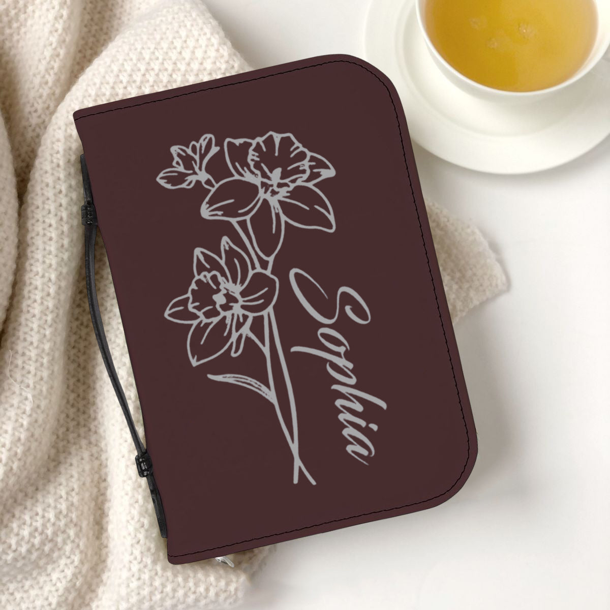 Personalized Bible Cover with Birth Flower, Custom Name Leather Scripture Case, Christian Gift for Women, Floral Bible Protector