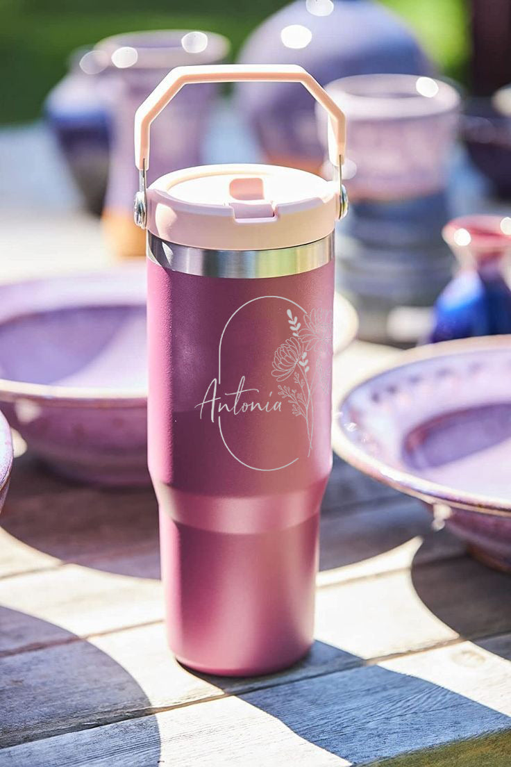 Personalized Monthly Bloom Tumbler with Handle, Custom Name 40oz Cup, Birth Flower Engraved Insulated Mug, Unique Birthday Gift for Her