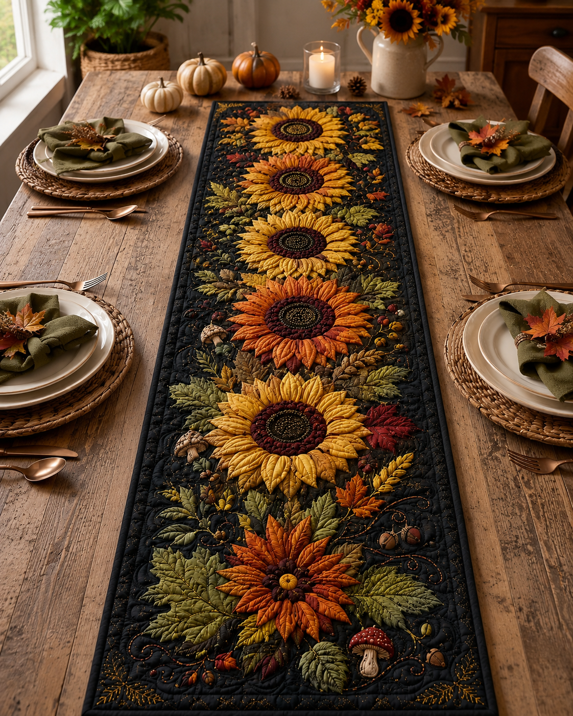 Sunflower Quilted-Style Table Runner, Autumn Harvest Farmhouse Decor. QTRPETAL4