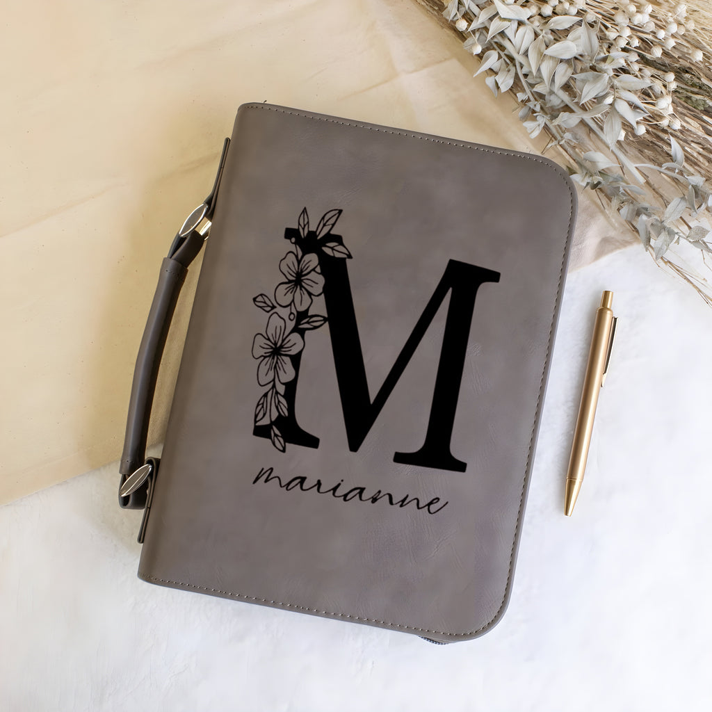 Personalized Bible Cover with Flower Alphabet Initial, Custom Name Leather Scripture Case, Christian Gift for Women, Floral Bible Protector