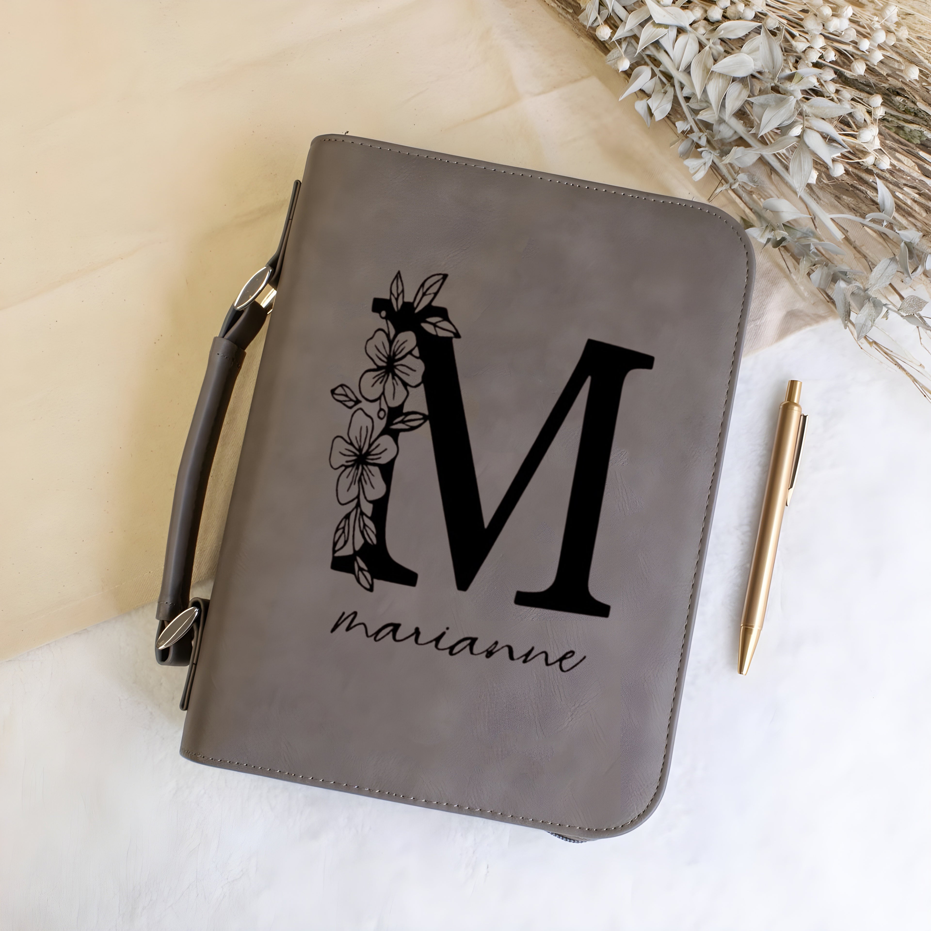 Personalized Bible Cover with Flower Alphabet Initial, Custom Name Leather Scripture Case, Christian Gift for Women, Floral Bible Protector