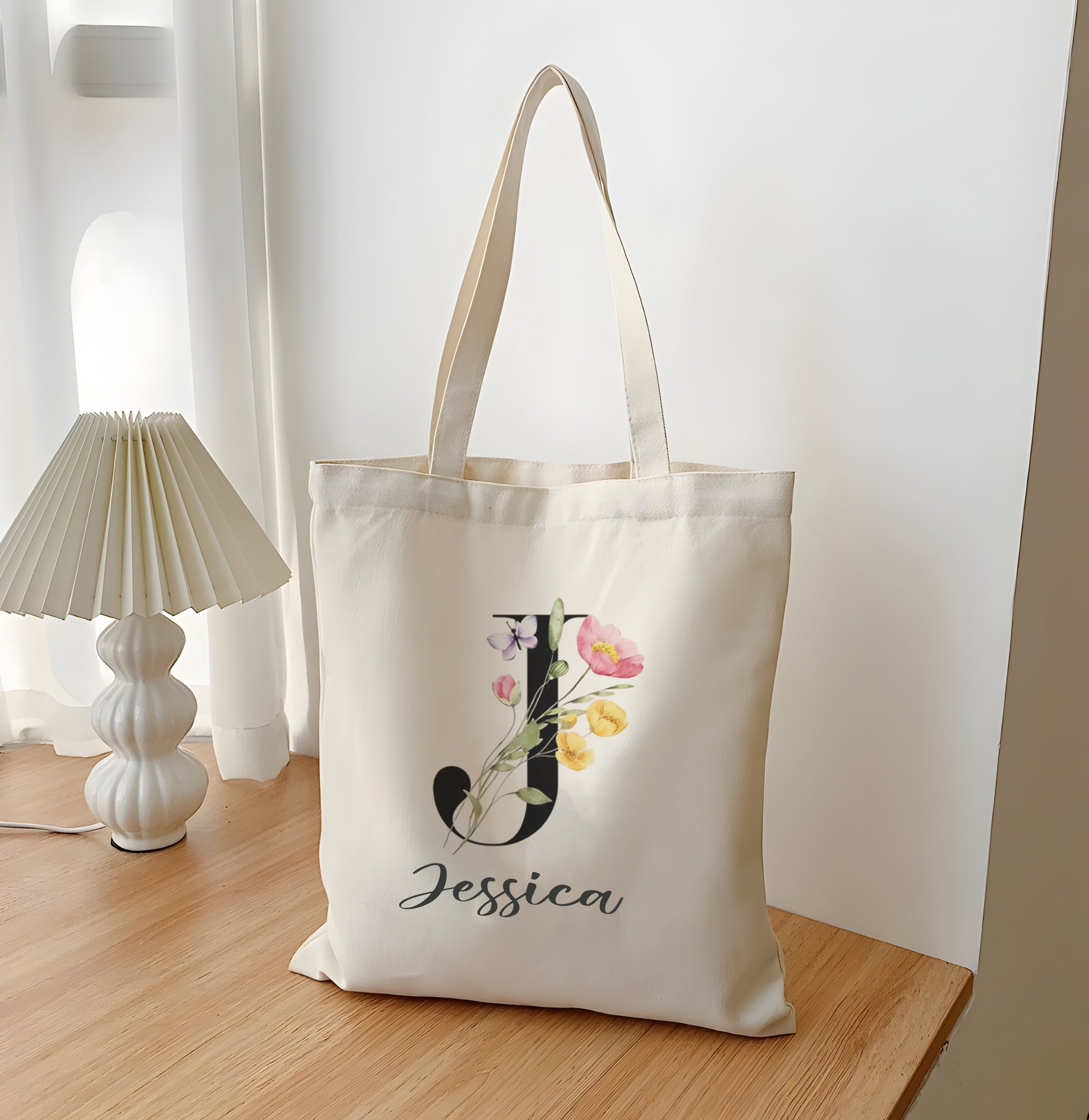 Personalized Flower Alphabet Tote Bag, Custom Initial Canvas Bag with Name, Floral Letter Shopper, Gift for Women, Bridesmaid, Best Friend