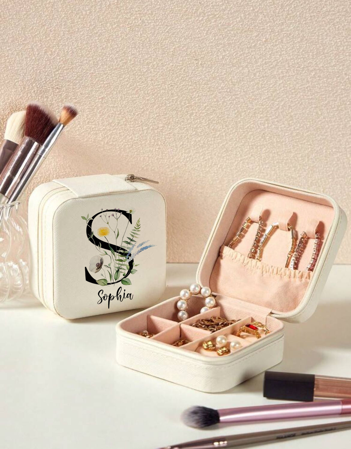 Personalized Jewelry Box with Flower Alphabet Initial, Custom Travel Jewelry Organizer, Monogram Gift for Women, Bridesmaid, Birthday Present