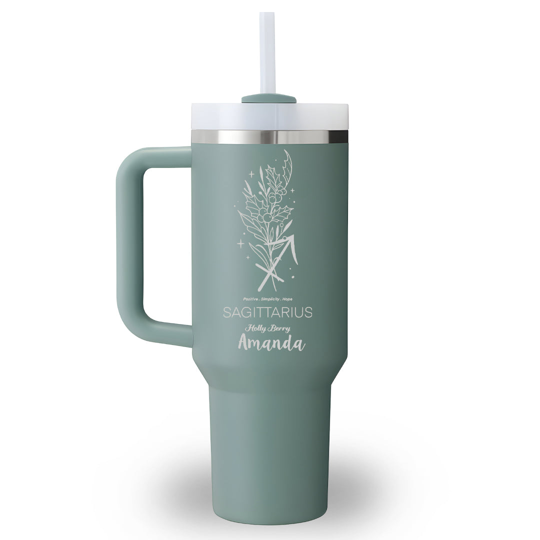 Personalized 40oz Tumbler with Handle, Zodiac Sign Birth Flower Tumbler, Custom Name Astrology Cup, Horoscope Floral Gift for Her