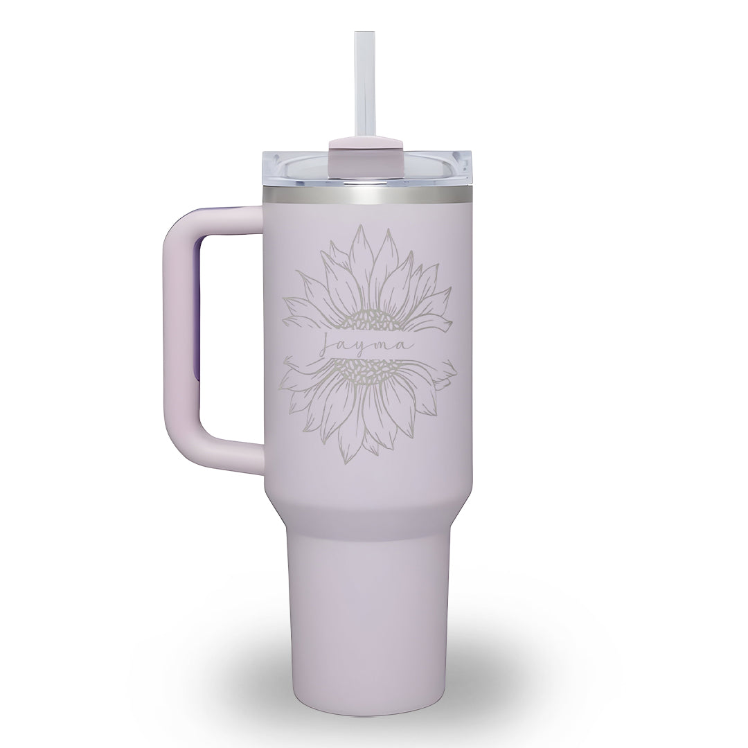 Personalized Sunflower Tumbler With Handle, 40oz Insulated Cup, Summer Birthday Gift For Her, Floral Custom Water bottle, Summer Wedding