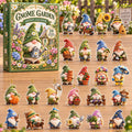 May include: A Gnome Garden advent calendar box featuring a garden scene and 24 acrylic gnome ornaments. Each ornament depicts a gnome with various garden-themed accessories like watering cans, flowers, pumpkins, tools, and baskets.