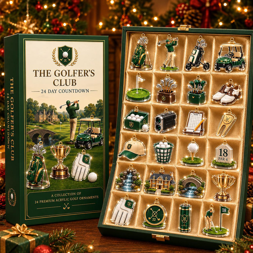 May include: A 24-day countdown advent calendar titled The Golfer's Club, featuring a green box with a golf course illustration and a matching open display case containing 24 individual acrylic golf-themed ornaments, including trophies, clubs, and carts.