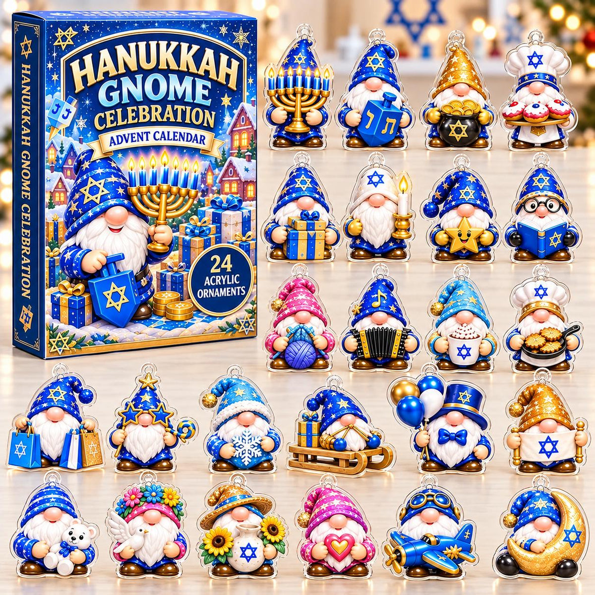 May include: A Hanukkah Gnome Celebration advent calendar box featuring 24 acrylic ornaments. The box displays a gnome holding a menorah and dreidel. The 24 individual ornaments depict various gnomes with Hanukkah symbols like menorahs, dreidels, stars of David, gifts, and food items, all rendered in blue, gold, and white color schemes.