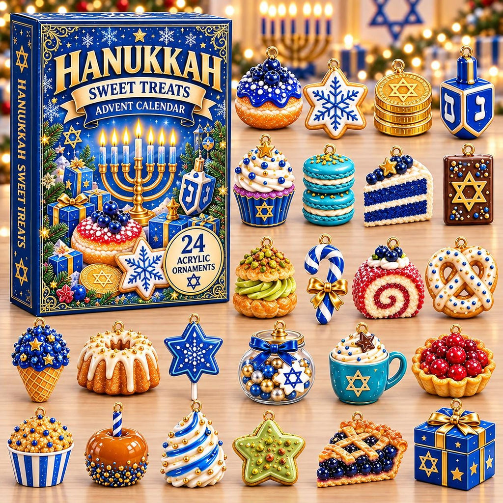 May include: A Hanukkah Sweet Treats advent calendar box featuring 24 acrylic ornaments. The set includes miniature food-themed charms like cupcakes, cookies, donuts, a candy cane, a mug, and gift boxes, all decorated in blue, white, and gold.