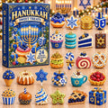 May include: A Hanukkah Sweet Treats advent calendar box featuring 24 acrylic ornaments. The set includes miniature food-themed charms like cupcakes, cookies, donuts, a candy cane, a mug, and gift boxes, all decorated in blue, white, and gold.