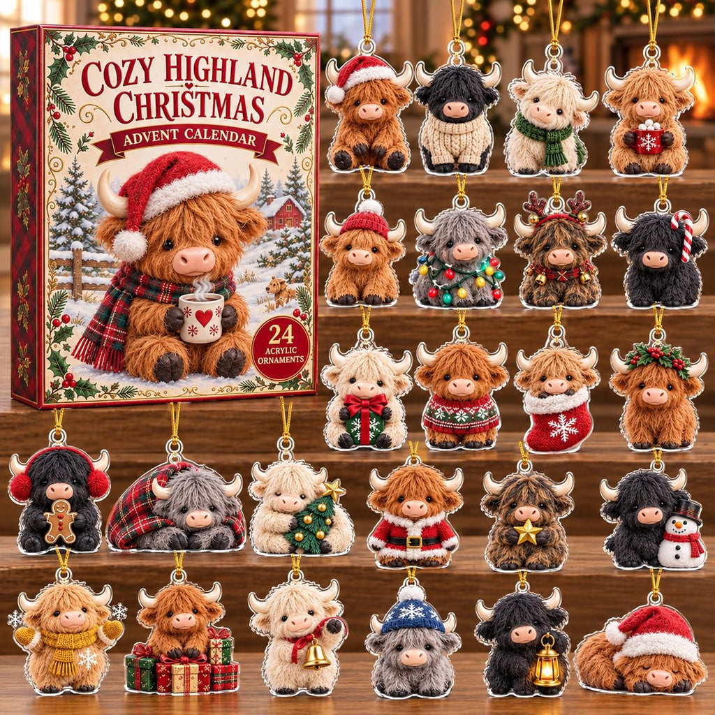 May include: A Cozy Highland Christmas advent calendar box featuring a Highland cow illustration, accompanied by 24 unique acrylic Highland cow ornaments, each depicting a cow in various festive outfits and holiday-themed poses.