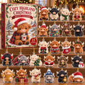 May include: A Cozy Highland Christmas advent calendar box featuring a Highland cow illustration, accompanied by 24 unique acrylic Highland cow ornaments, each depicting a cow in various festive outfits and holiday-themed poses.