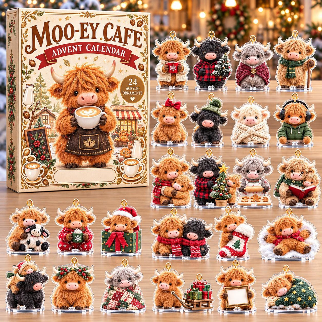 May include: A Moo-Ey Cafe advent calendar box featuring a fluffy highland cow illustration and 24 acrylic ornaments. The ornaments depict various highland cows in winter attire, holding coffee, gifts, or books, each with a small gold hanging loop.