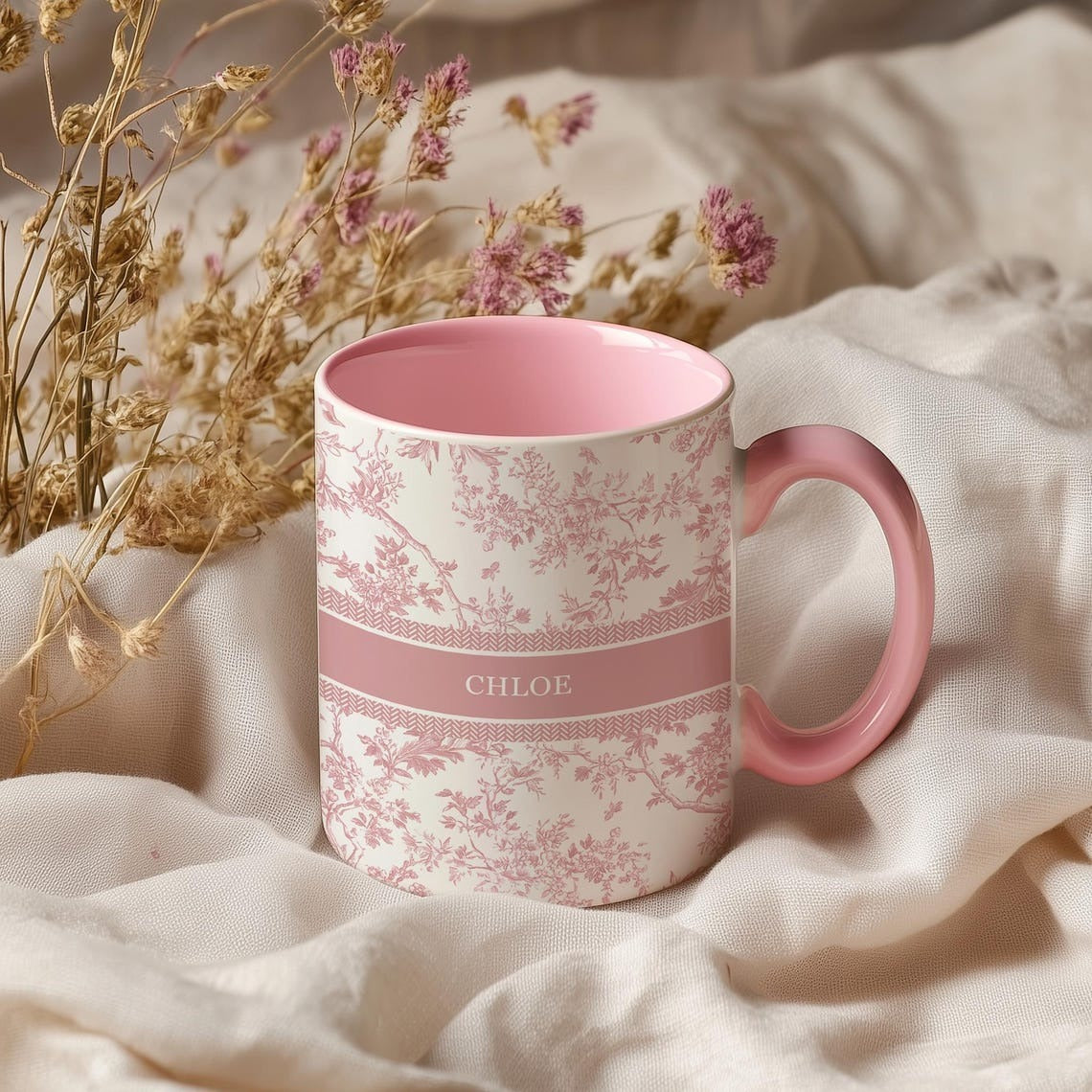 Personalized Pink Floral Name Mug, Custom Vintage Flower Coffee Cup Gift for Her, Bridesmaid, Birthday, or Mother’s Day