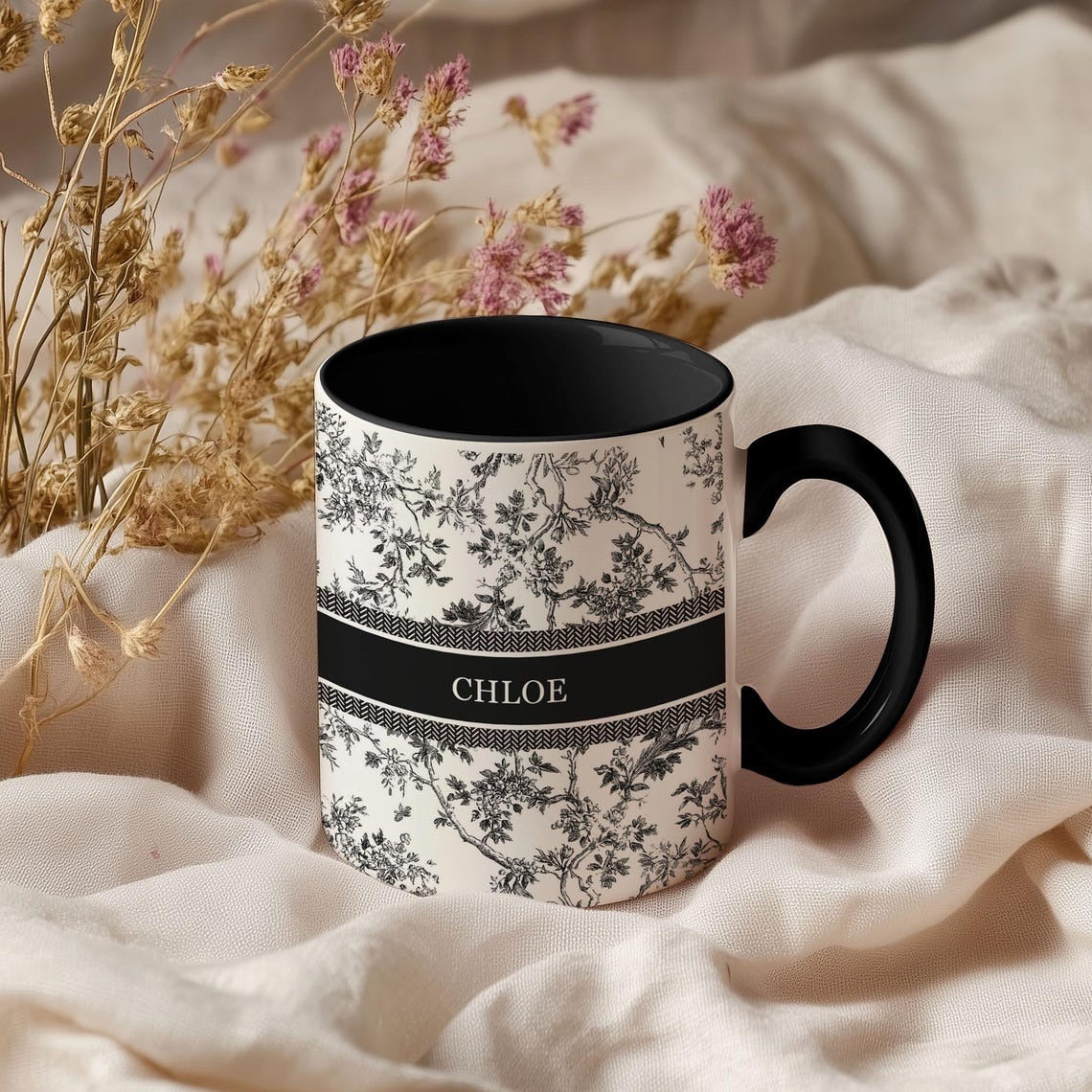 Personalized Pink Floral Name Mug, Custom Vintage Flower Coffee Cup Gift for Her, Bridesmaid, Birthday, or Mother’s Day