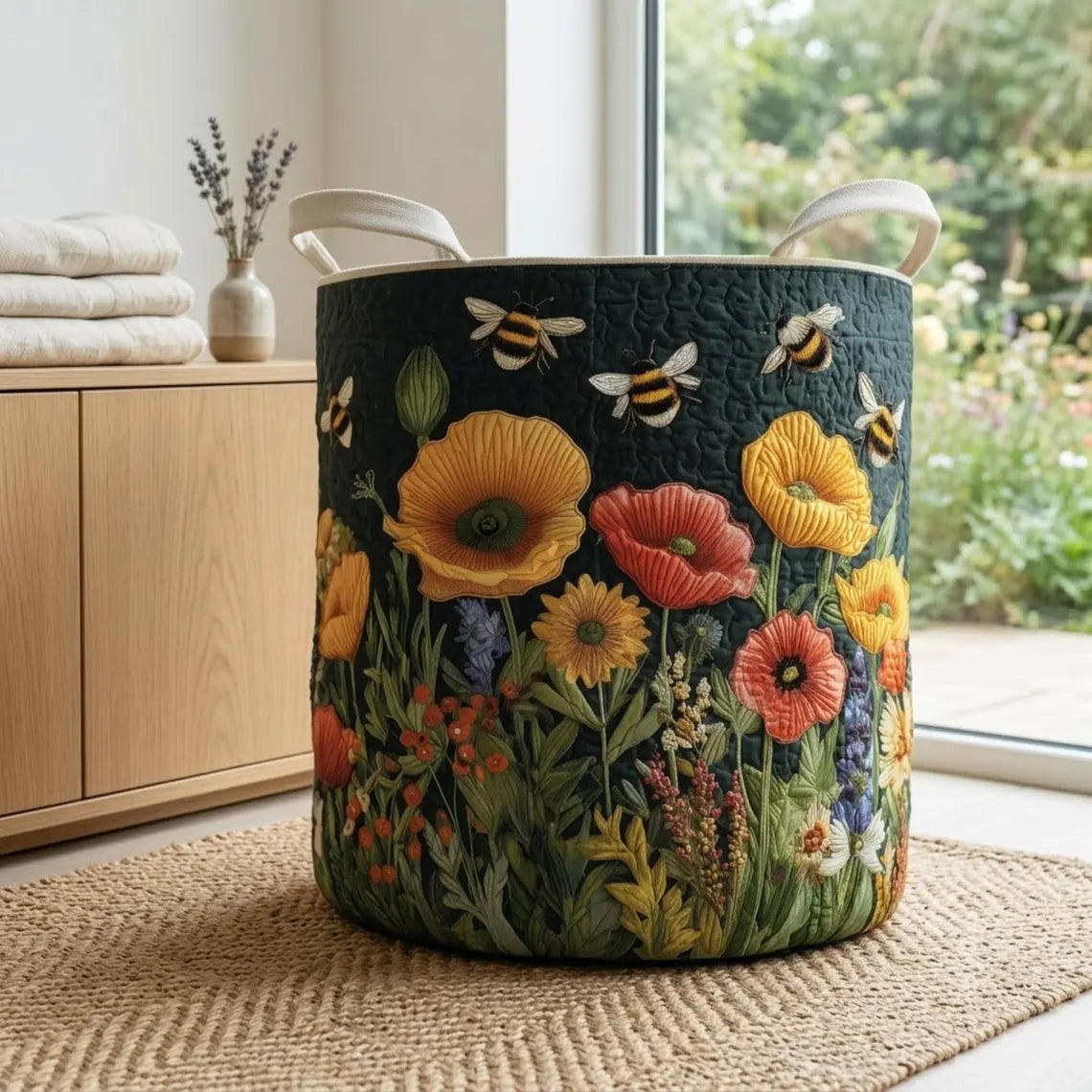 Bee Quilted Laundry Basket, Wildflower Storage Bin, Sunflower Hamper, Cottagecore Blanket Basket, Floral Fabric Toy Organizer	LBPETAL187