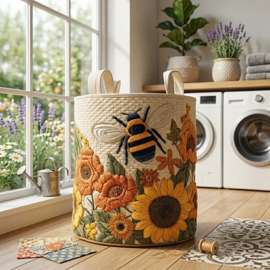 Wildflower Storage Bin, Bee Quilted Laundry Basket, Sunflower Hamper, Cottagecore Blanket Basket, Floral Fabric Toy Organizer	LBPETAL188