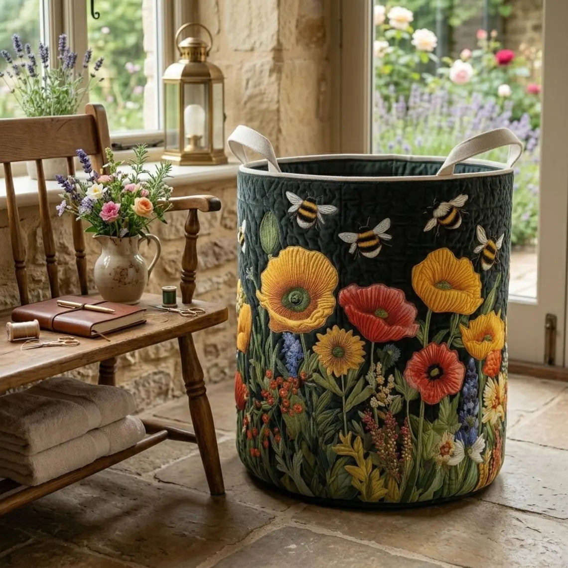 Bee Quilted Laundry Basket, Wildflower Storage Bin, Sunflower Hamper, Cottagecore Blanket Basket, Floral Fabric Toy Organizer	LBPETAL187
