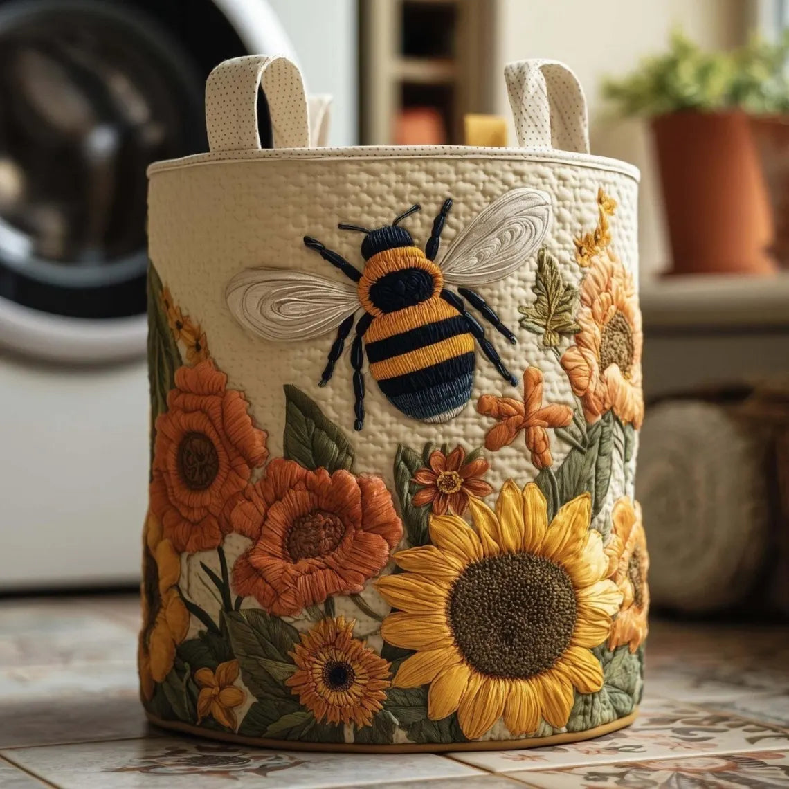 Wildflower Storage Bin, Bee Quilted Laundry Basket, Sunflower Hamper, Cottagecore Blanket Basket, Floral Fabric Toy Organizer	LBPETAL188