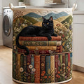 Bookish Cat Quilted Laundry Basket: Cozy Kitten Reading Books Storage Bin, Quilt Fabric Hamper	LBPETAL190
